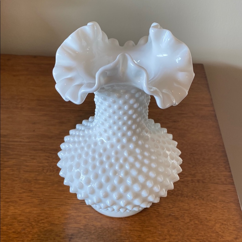 Fenton milk glass White Hobnail Vase with Flared Petal Rim